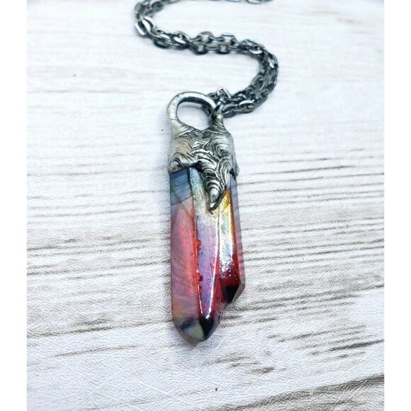 Red aura quartz crystal necklace handmade gothic fantasy metalwork jewelry - Picture 10 of 11